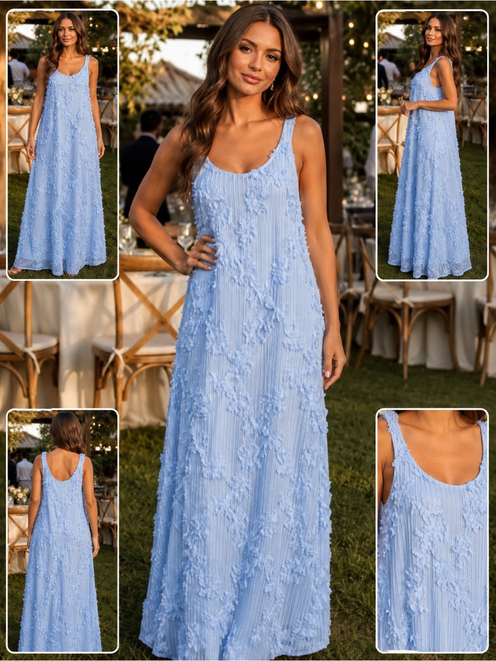 Blue Floral Appliqué Open Stitch En Saison Cream Tiered Maxi Dress Sleeveless